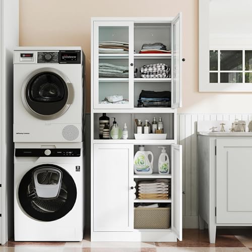 AQY Kitchen Pantry Cabinet,72" White Pantry Storage Cabinet with Adjustable Shelves and Glass Doors,Freestanding Cupboard,Metal Pantry Cabinets with Handle for Living Room Kitchen Assembly Required - color: White, style: H72" - 4 Doors Open Storage Hooks