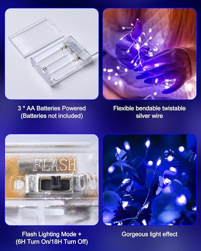 Minetom Fairy Lights Battery Operated, Twinkle String Lights Waterproof Silver Wire 5 Feet 60 Led Firecracker Starry Lights for DIY Wreath Home Wedding Party Bedroom Mason Jar Holiday Christmas, Blue - color: Blue