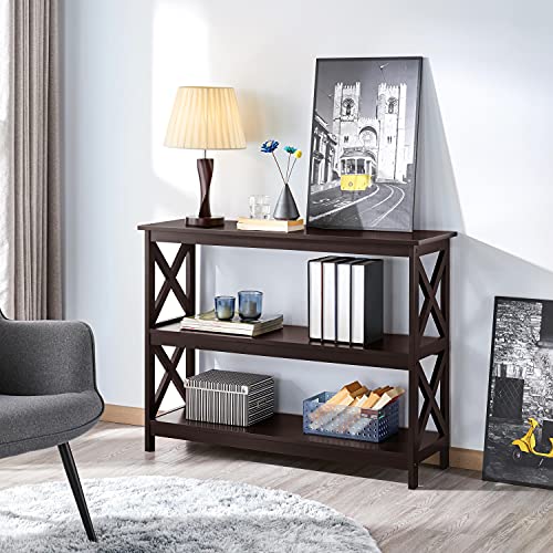 Yaheetech Espresso Console Table 3-Tier Narrow X-Frame Open Storage Shelf | Sofa Table for Entryway, Hallway and Living Room, Slim 14" Depth, Powder-Coated MDF, 88 lb Top Load, Easy Assembly - color: Espresso