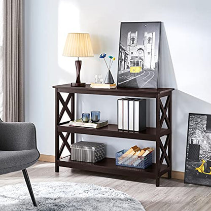 Yaheetech Espresso Console Table 3-Tier Narrow X-Frame Open Storage Shelf | Sofa Table for Entryway, Hallway and Living Room, Slim 14" Depth, Powder-Coated MDF, 88 lb Top Load, Easy Assembly - color: Espresso