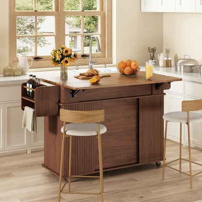 56" Kitchen Island on Wheels with Drop Leaf Countertop, Large Mobile Island Table with 2 Drawers and Spice Rack and Tower Rack, Mid-Century Modern Island Cart with Storage for Kitchen, Walnut - color: Walnut
