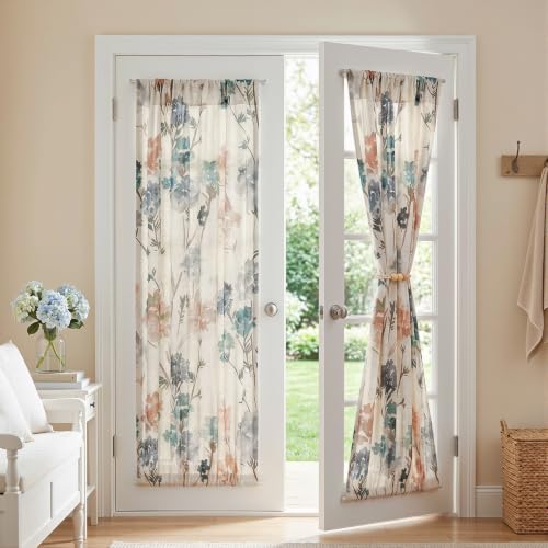 MYSKY HOME Floral Linen French Door Curtains 72 inch Long 2 Panels for Front Door Light Filtering Privacy Semi Sheer Window Curtains with Rod Pocket, Brown, 24" W Each Panel - color: A-brown, size: 24"W x 72"L (Pack of 2)