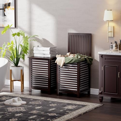 SMIBUY Double Laundry Hamper with Lid, 120L Bamboo Laundry Basket with Removable Liner Bag, 2-Section Clothes Divider Laundry Sorter for Laundry Room, Bathroom, Bedroom (Dark Brown) - color: Brown