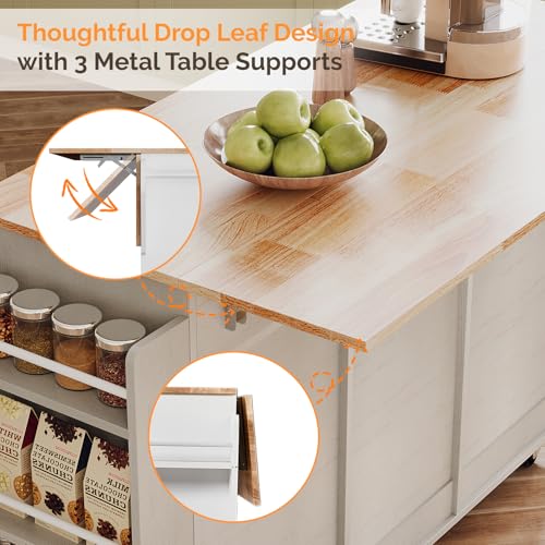 VINGLI 52" W Kitchen Island with Storage and Drop Leaf, Barn Door White | Farmhouse Rolling Cart with 3 Drawers, 2 Barn Doors, Adjustable Shelves, Side Rack and Locking Wheels - color: White