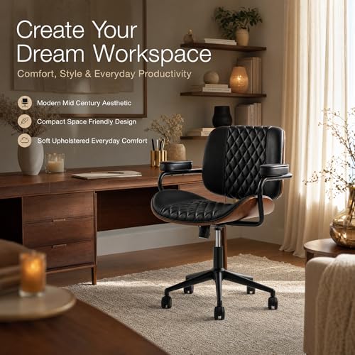 Home Office Desk Chair with Wheels, Armless Adjustable Height PU Leather Office Chair, Mid Back Ergonomic Computer Chair, Walnut Curved Seat Design No-Arm Chair (GX-9006-Armrests-Black) - color: Gx-9006-armrests-black
