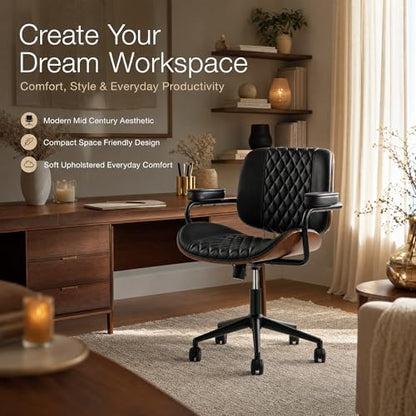 Home Office Desk Chair with Wheels, Armless Adjustable Height PU Leather Office Chair, Mid Back Ergonomic Computer Chair, Walnut Curved Seat Design No-Arm Chair (GX-9006-Armrests-Black) - color: Gx-9006-armrests-black
