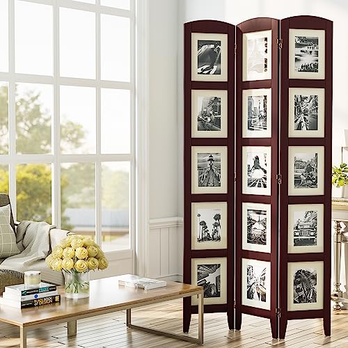 SZQINJI 3 Panel Photo Room Divider Screen, Walnut | Divider for Room Separation, for 8x10 Picture Frame Without Mat, for 5x7 Photo With Mat, Foldable, Mother Day's Gift - color: Walnut
