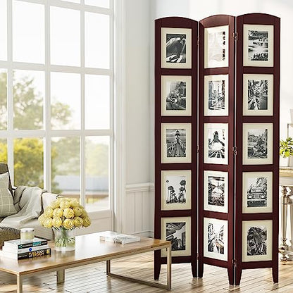 SZQINJI 3 Panel Photo Room Divider Screen, Walnut | Divider for Room Separation, for 8x10 Picture Frame Without Mat, for 5x7 Photo With Mat, Foldable, Mother Day's Gift - color: Walnut