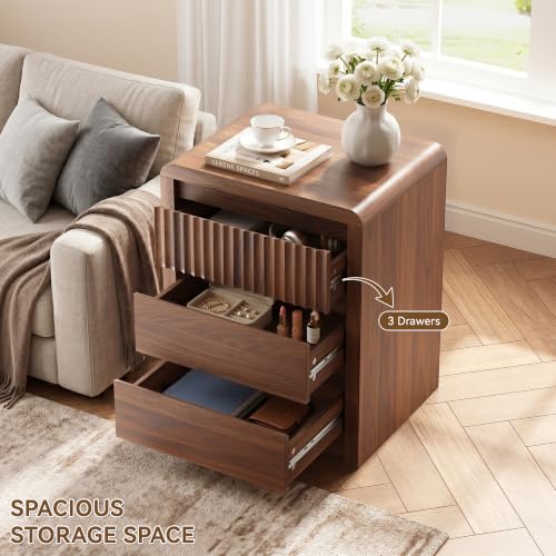 LYNSOM Fluted Nightstand Set of 2, Wood End Table with 3 Drawer, Walnut | Mid Century Modern Night Stand with Stoarge, Bedside Table with Curved Profile Design for Living Room, Office, 20" W - color: Walnut, size: 3 Drawers