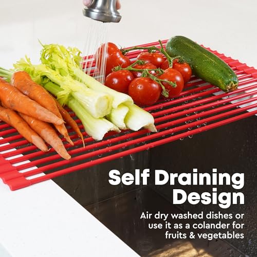 Zulay Kitchen Large Roll Up Dish Drying Rack - Heavy Duty Silicone Wrapped Steel Rods Over Sink Dish Drying Rack - Versatile Roll Up Sink Drying Rack & Trivet - Red,20.5 inches x 13 inches - color: Scarlet Red