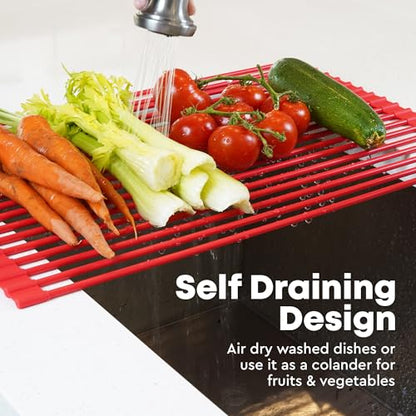 Zulay Kitchen Large Roll Up Dish Drying Rack - Heavy Duty Silicone Wrapped Steel Rods Over Sink Dish Drying Rack - Versatile Roll Up Sink Drying Rack & Trivet - Red,20.5 inches x 13 inches - color: Scarlet Red