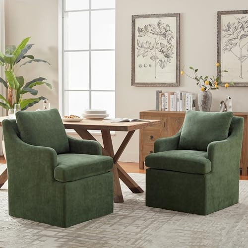 VKNOW Upholstered Dining Chairs Set of 2, Dining Room Chairs with Casters | Modern Rolling Dining Chairs with Armrest, Soft Chenille Fabric, Washable Cover, Easy Assembly, Living Room, Bedroom, Green - color: Green, size: 2