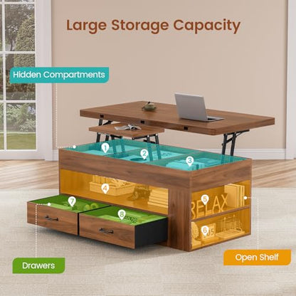 Itaar Lift Top Coffee Table, 4 in 1 Coffee Tables with Storage and Hidden Compartment, Farmhouse Coffee Table with 2 Fabric Drawers & LED Light for Living Room, Brown - color: Brown