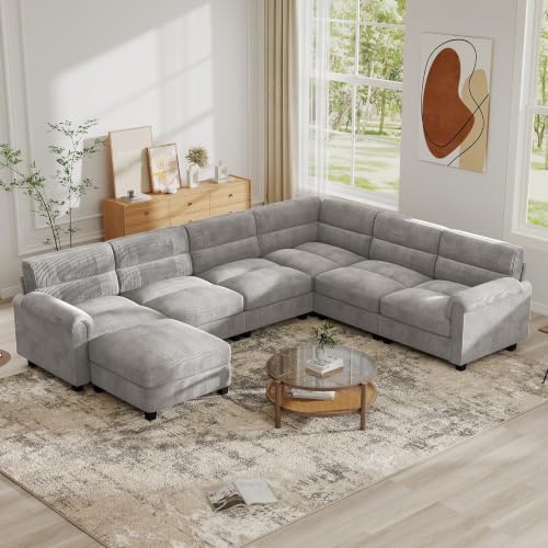 Bonzy Home Modular Sectional Sofa for Living Room, Comfy Corduroy 6-Seat U Shaped Couch with Movable Ottoman and Rolled Arms, Modern Couch for Bedroom, Apartment, Office, Gray - color: Light Gray, size: 6+0