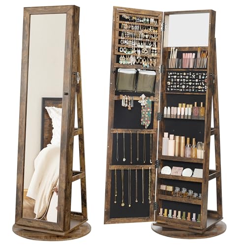 SONGMICS 360° Swivel Jewelry Cabinet, Full-Length Mirror, Lockable | Jewelry Armoire Organizer, Mirror with Storage, Rear Storage Shelves, Interior Mirror, Gift Idea, Rustic Brown UJJC006X01 - color: Rustic Brown, style: Framed Mirror, Classic
