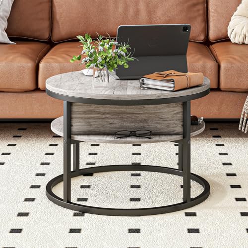 Round Coffee Table with Storage,Lift Top Coffee Table for Living Room Reception Room,2 Tier Small Round Table Dining Center,Grey - color: Grey