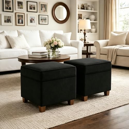 Lienen Ottoman with Storage, 17" Fabric Foot Stools Ottoman for Living Room, Upholstered Square Storage Ottomans Foot Rest, Bedroom Footstools and Ottomans with Hinged Lid, Black - color: Black