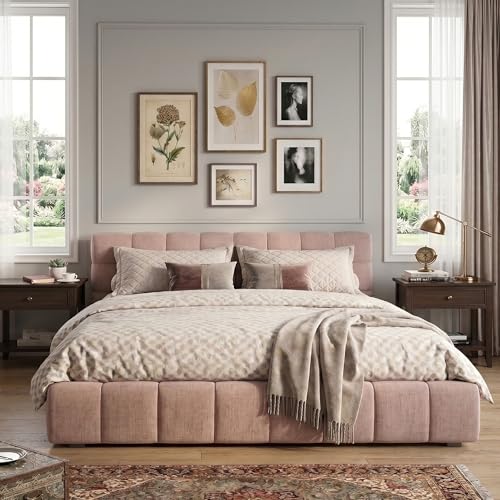 Chenille Fabric Upholstered Platform Bed Frame with Soft Headboard, Modern Low Profile Grounded Design, No Box Spring Needed, Sturdy MDF & Wood Frame, Neutral Style (Pink, Queen (U.S. Standard)) - color: Pink, size: Queen (U.S. Standard)