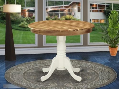 East West Furniture AMT-NLW-TP Antique Dining Table - a Round Wooden Table Top with Pedestal Base, 36x36 Inch, Natural & Linen White - color: Natural & Linen White