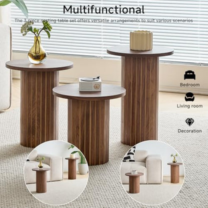 Round Nesting Coffee Table Set of 3 Mid Century Modern Wood Round Coffee Tables with Flexible Small Boho Circle End Table for Space Saving Living Room Comedor Home Office Bedroom(Brown) - color: 3pcs Brown