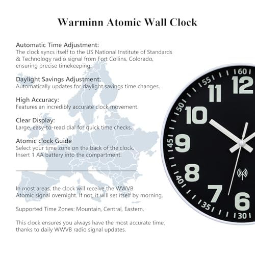 Atomic Wall Clock with Glow in the Dark Night Light 12" | Wall Clock Battery Operated, Easy to Read, Analog Clock, Luminous Numerals, Lighted up,Home Decor, for Bedroom Living Room