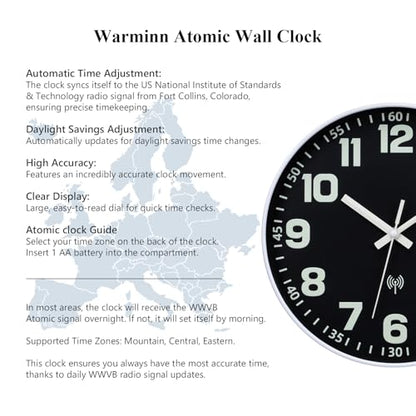 Atomic Wall Clock with Glow in the Dark Night Light 12" | Wall Clock Battery Operated, Easy to Read, Analog Clock, Luminous Numerals, Lighted up,Home Decor, for Bedroom Living Room