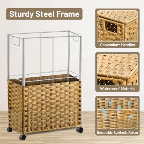 70L Slim Laundry Hamper with Lid & Wheels, 2-Park Rolling Laundry Basket with 4 Removable Liner Bags & 3 Mesh Bags, Narrow Dirty Clothes Basket, Foldable Handwoven Rattan Laundry Sorter, Natural - color: Natural