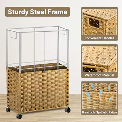 70L Slim Laundry Hamper with Lid & Wheels, 2-Park Rolling Laundry Basket with 4 Removable Liner Bags & 3 Mesh Bags, Narrow Dirty Clothes Basket, Foldable Handwoven Rattan Laundry Sorter, Natural - color: Natural