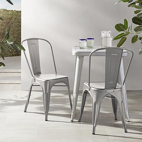 Amazon Basics Metal Dining Chairs, Easy to Assemble, Indoor/Outdoor, Stackable, 330-Pound Capacity, Dark Gray, 4-Pack, 20.1 x 17.1 x 33.5 inches - color: Dark Grey