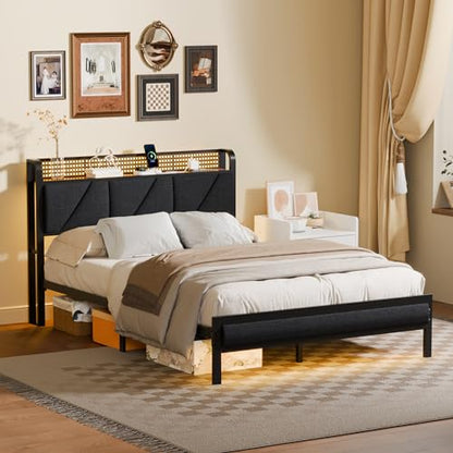 Full Size Bed Frame with Storage Shelf and Upholstered Headboard | Metal Platform Bed with LED Light, Charging Station and Heavy Duty Slats, No Box Spring Needed, Noise Free & Easy Assembly - size: Full, style: Bed Frame