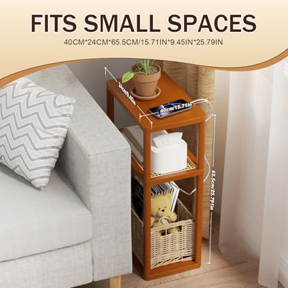YGYQZ Rattan End Table, 3-Tier Narrow Side Table with Storage, Brown | Space-Saving Design, Slim Storage, Sturdy Construction, Modern Style, Ideal for Living Rooms & Bedrooms - color: Narrow-brown