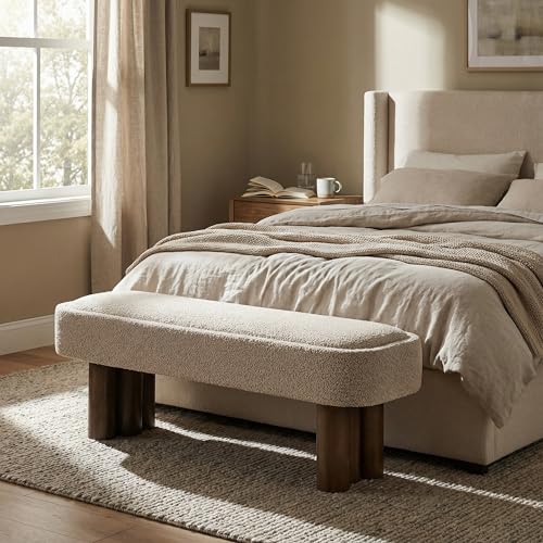 Christopher Knight Home Damas Boucle Upholstered Dining Bench, Wooden Entryway Bench, Long Sofa Footstool for Living Room, Bedroom End of Bed Bench, Khaki+Walnut