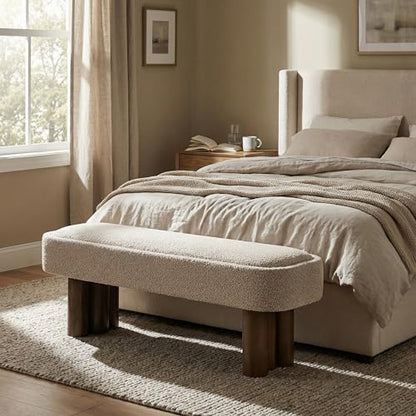 Christopher Knight Home Damas Boucle Upholstered Dining Bench, Wooden Entryway Bench, Long Sofa Footstool for Living Room, Bedroom End of Bed Bench, Khaki+Walnut