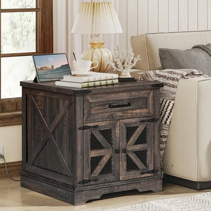 Farmhouse End Table with Charging Station, 24" Large Sofa Side Table with Drawer, Large End Table for Living Room, Wooden Nightstand with Outlet, Square, Dark Rustic Oak - color: Dark Rustic Oak