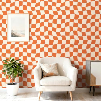 Retro Checkered Wallpaper Peel and Stick Burnt Orange Beige Pink Checkered Contact Paper Waterproof 70s Groovy Mid Century Modern Geometric Wallpaper MCM Wavy Checkerboard Desk Wrap 17.5x80 - size: 17.5" x 80"
