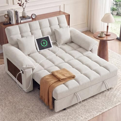 Vipbear Sleeper Sofa Bed, 70" Pull Out Futon Couch with Small Table| USB Port | Side Pockets | Tool-Free Assembly | Adjustable Backrest for Apartment, Office, Guest Room, Chenille Beige - color: Beige