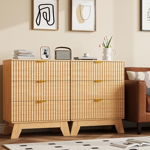 Fluted Nightstand with 3 Large Drawers, Wooden Side End Table with Elevated Legs for Easy Cleaning, Sturdy Modern Beside Table for Small Space, Bedroom, Oak, 24" L - color: Natural Oak