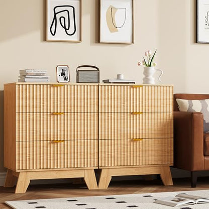 Fluted Nightstand with 3 Large Drawers, Wooden Side End Table with Elevated Legs for Easy Cleaning, Sturdy Modern Beside Table for Small Space, Bedroom, Oak, 24" L - color: Natural Oak