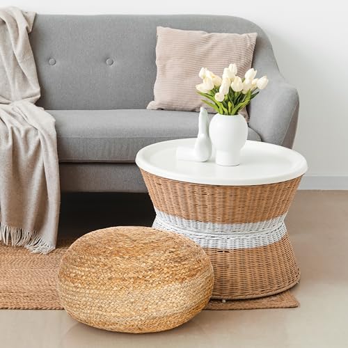 Decor Therapy Round Pouf Ottoman Footrest, Natural Jute Woven, Boho Pouf, Bohemian Style Casual Seating for Living Room, Bedroom, Patio Decor 19"x 19"x 10.5"