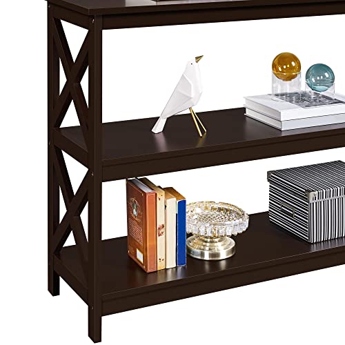 Yaheetech Espresso Console Table 3-Tier Narrow X-Frame Open Storage Shelf | Sofa Table for Entryway, Hallway and Living Room, Slim 14" Depth, Powder-Coated MDF, 88 lb Top Load, Easy Assembly - color: Espresso