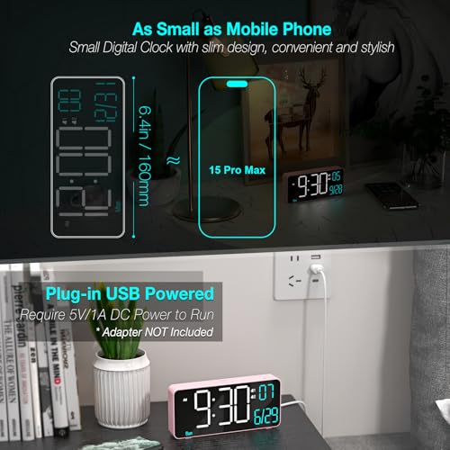 Alarm Clocks for Bedrooms, 6.7in Small Digital Clock, Auto Dimming, Room Temperature, Day of The Week, Date, Seconds, Digital Clocks for Living Room, Alarm Clock - color: Pink (White + Blue Digits)