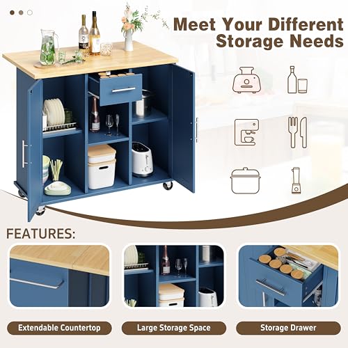 Shintenchi Kitchen Island with Storage, Bar Cart Cabinet Island Table on Wheels, Rolling Microwave Cart for Kitchen with Drop Leaf, Drawers, Towel Rack, Seating Area for Dining Room, Blue - color: Blue-42 Inch