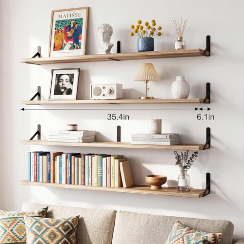 YGEOMER 35.4in Floating Shelves for Wall, Light Carbonized Brown Set of 4 | 35.4-inch wood shelves with metal brackets. Space-saving for books & decor. Fits bathroom, kitchen, living room & bedroom. - color: Light Carbonized Brown, size: 35inch Standard
