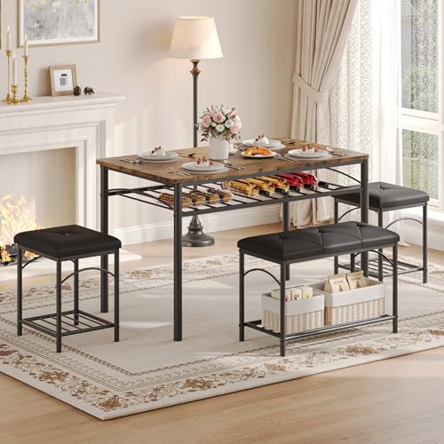 Space-Saving Dining Table Set for 4, Modern Kitchen Dinette with Padded Upholstered Bench & 2 Stools, Anti-Wobble Metal Frame Dining Furniture with Multi-Layer Storage Shelf, Waterproof Wood Grain Tab - color: Brown