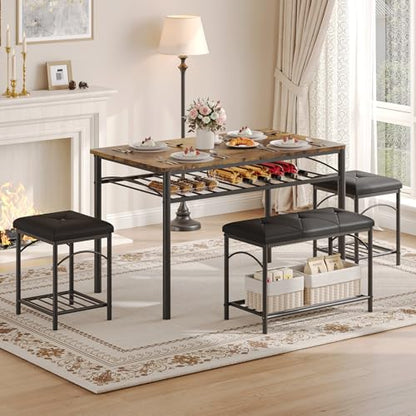 Space-Saving Dining Table Set for 4, Modern Kitchen Dinette with Padded Upholstered Bench & 2 Stools, Anti-Wobble Metal Frame Dining Furniture with Multi-Layer Storage Shelf, Waterproof Wood Grain Tab - color: Brown