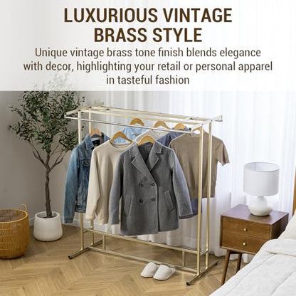 MyGift 4ft Tall Brass Tone Stainless Steel Freestanding Garment Rack, Heavy Duty Double Rod Clothes Closet Stand, Coat Dress Clothing Storage Display Shelf - color: Brass