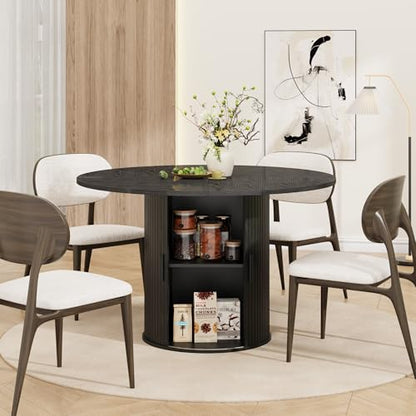 IDEALHOUSE 47 Inch Round Dining Table for 4, Black | With 2-Tier Shelf and Wood Slide Door, Pedestal Dinner Table Space Saving, T-Shape Base, Dining Room, Modern Black Finish - color: Black