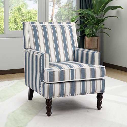 Accent Chair, Comfy Cozy Modern Mid-Century Accent Chairs | Linen Upholstered Lounge Arm chair with Solid Wood Reading Side Padded Single for Living Room/Balcony/Bedroom-Blue Stripe - color: Sackcloth-blue Stripe(s001)