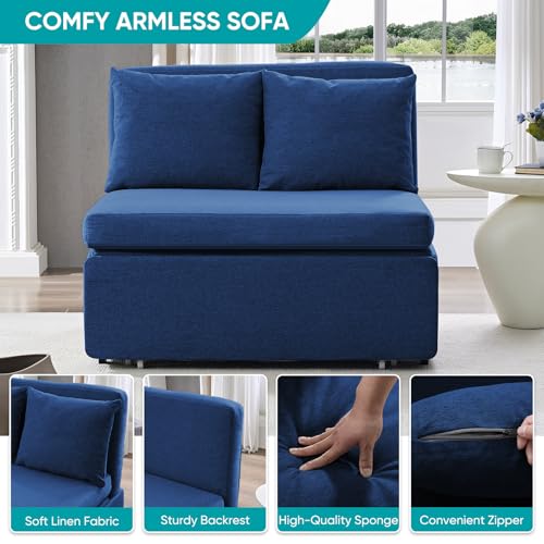 BALUS 43" W Twin Size Sleeper Couch Bed Pull Out Sofa with Pullout Beds, 2 in 1 Convertible Linen Single Sleepers Sofas Chair with Foldable Mattress and Pillows for Small Space Apartment, Blue - color: Blue, size: Twin
