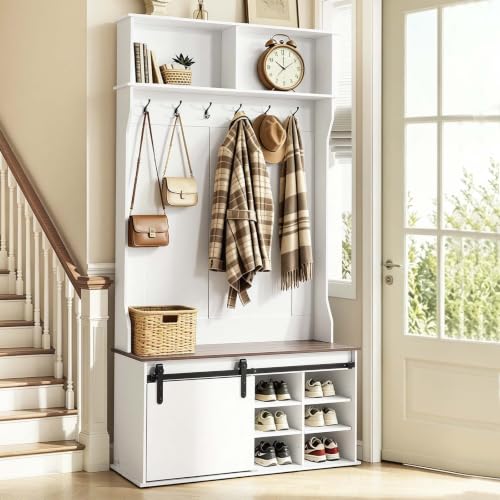 VEVOR Hall Tree with Bench and Shoe Storage, 42" Wide, Entryway Hall Tree with Bench, Hanging Hooks, Storage Shelves, Adjustable Shoe Shelves, Wooden Furniture for Mudroom, Entryway, Hallway, White - size: 41.7 x 15.7 x 78.7 in